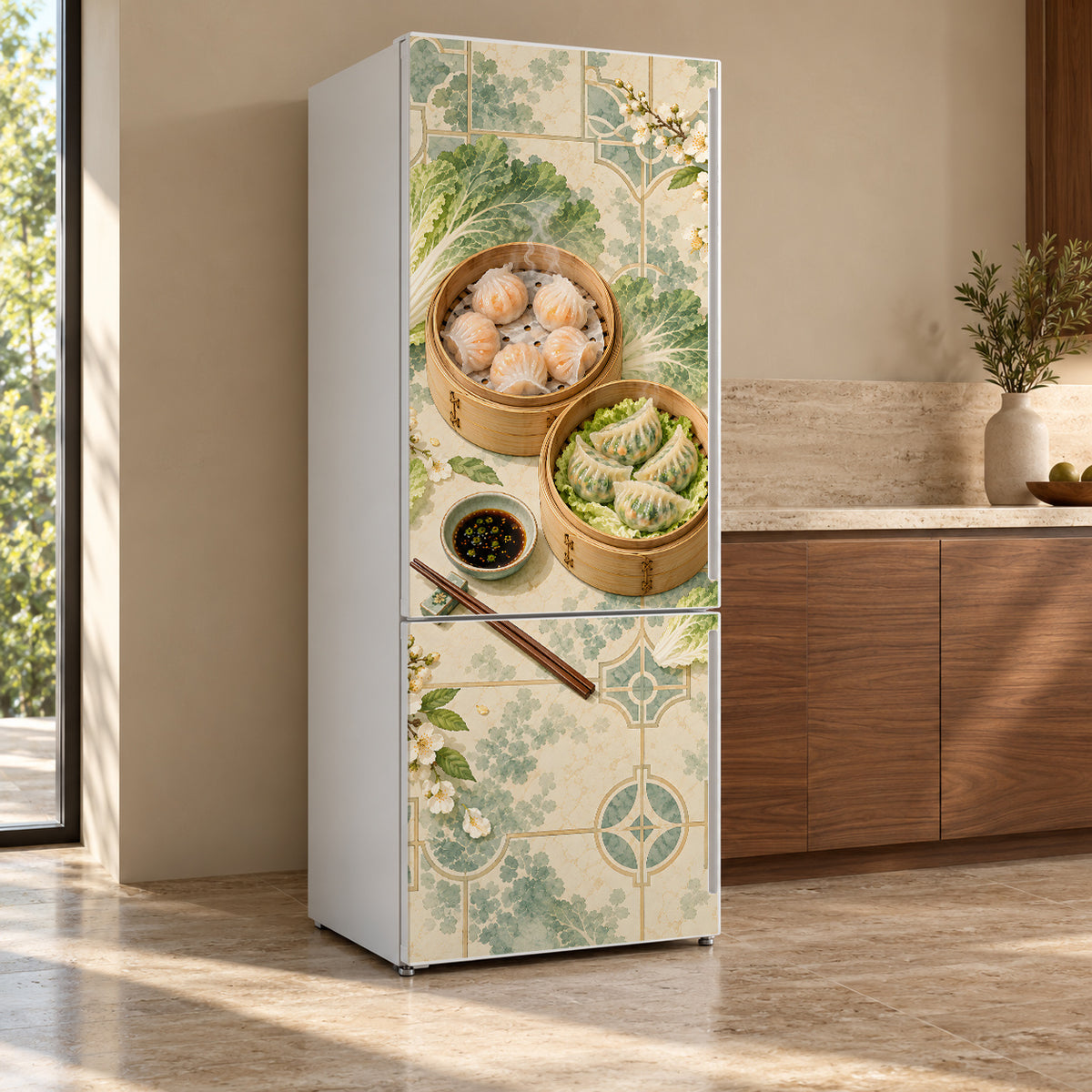 Dumplings & Dim Sum fridge wrap, refrigerator shown at an angle