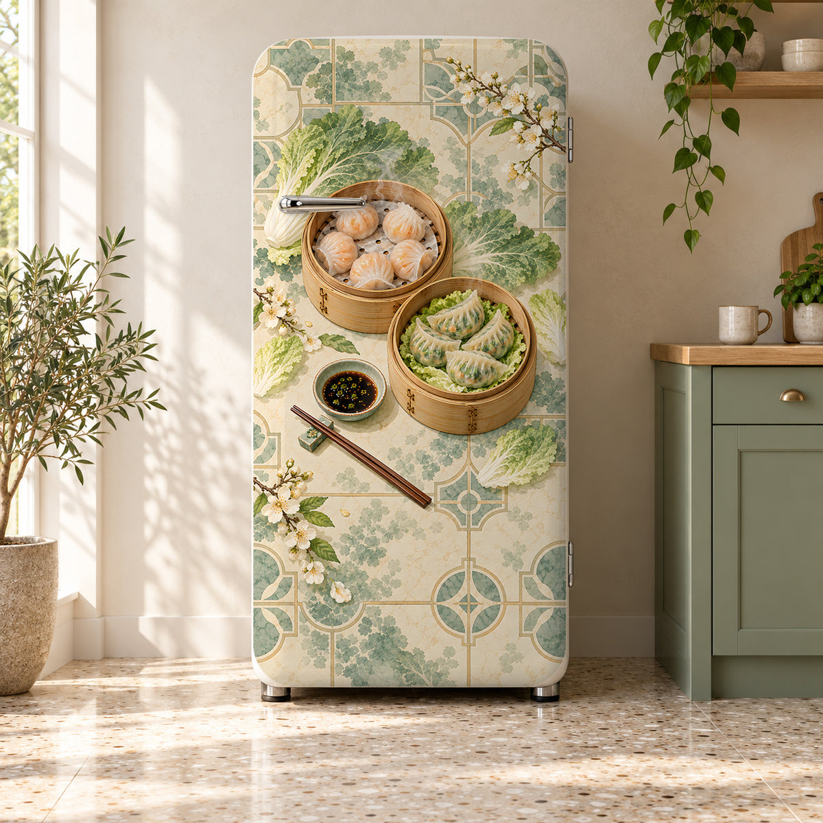 Dumplings & Dim Sum fridge wrap on a retro refrigerator