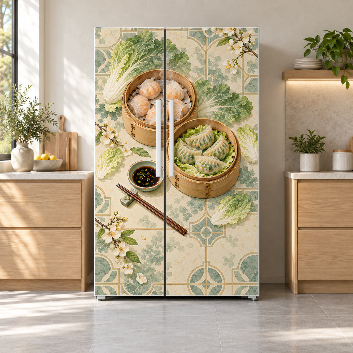 Dumplings & Dim Sum fridge wrap on a side-by-side refrigerator
