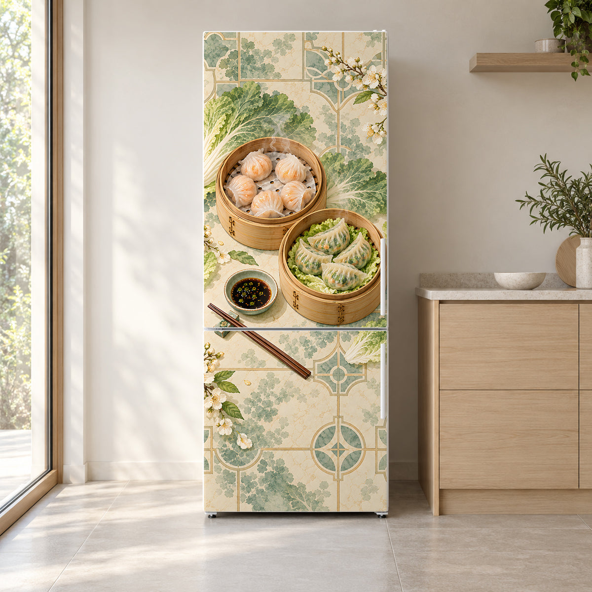 Dumplings & Dim Sum fridge wrap on a white refrigerator in a bright kitchen