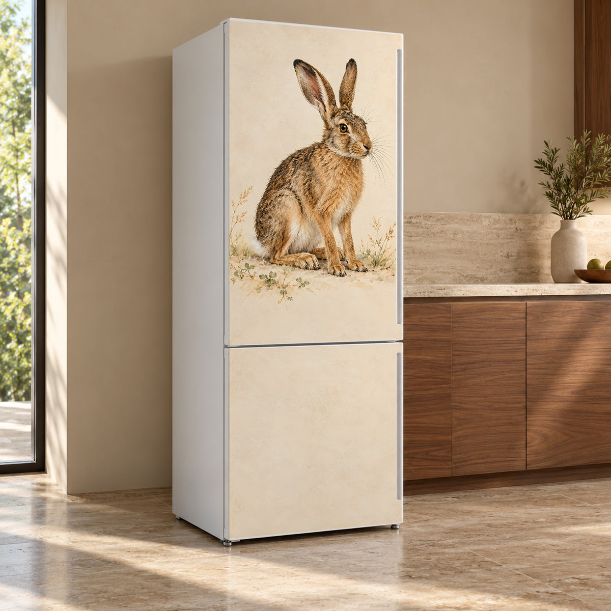 Dürer-Inspired Young Hare fridge wrap, refrigerator shown at an angle