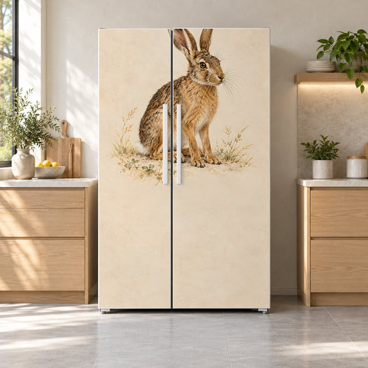 Dürer-Inspired Young Hare fridge wrap on a side-by-side refrigerator