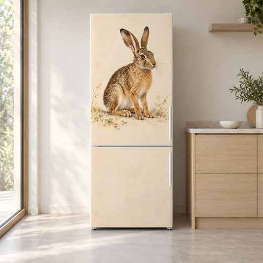 Dürer-Inspired Young Hare fridge wrap on a white refrigerator in a bright kitchen