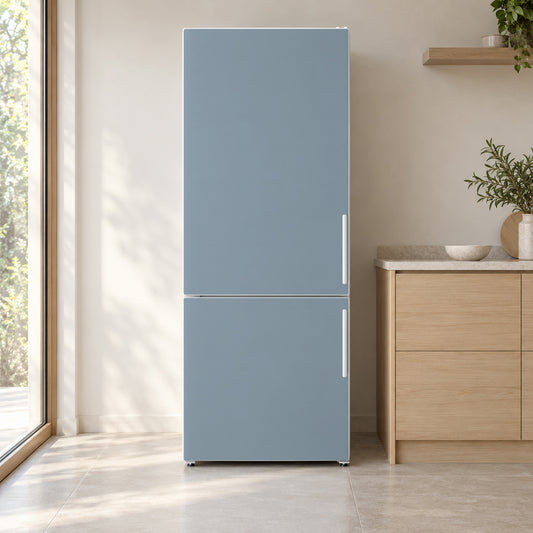 Dusty Blue-Gray fridge wrap on a white refrigerator in a bright kitchen