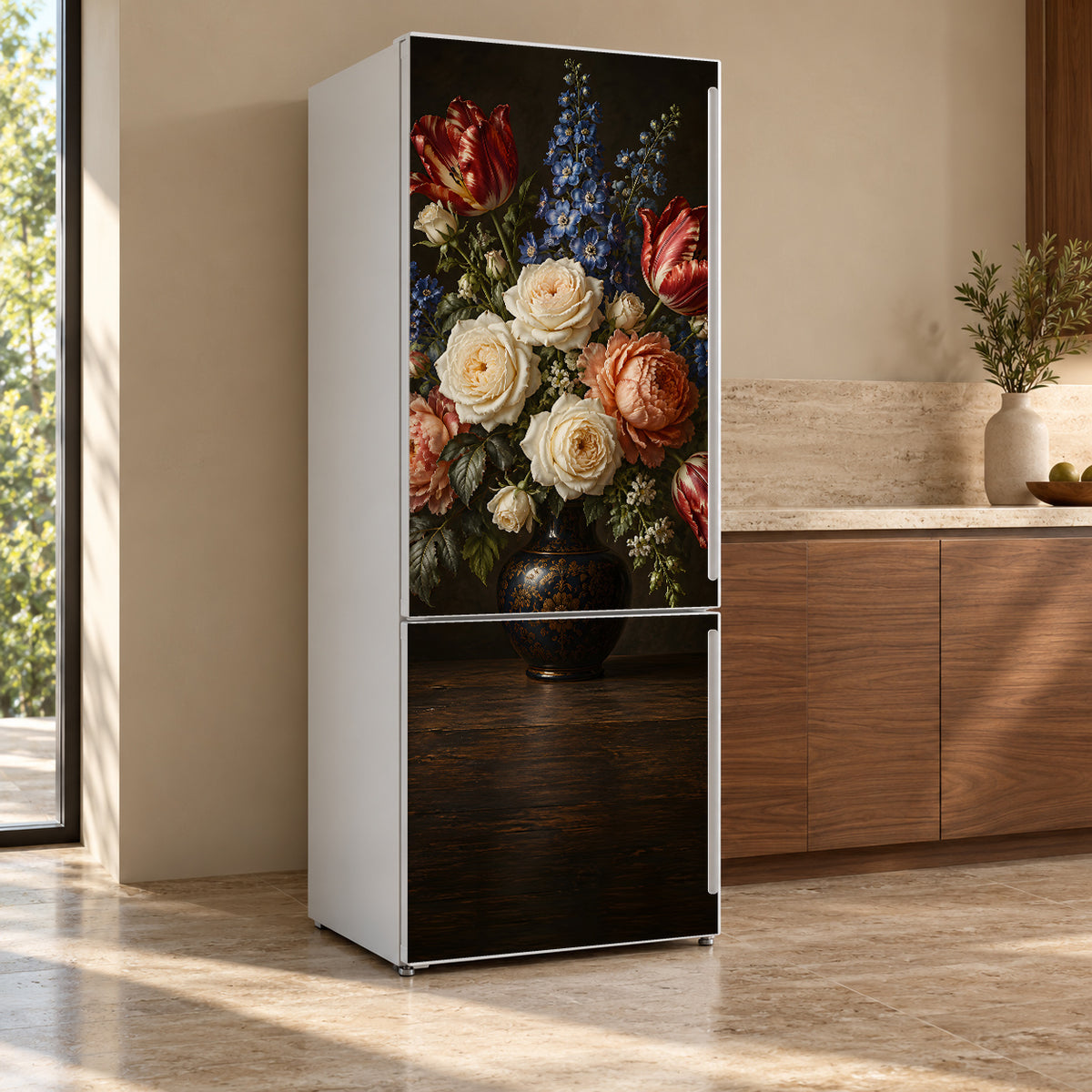 Dutch Floral Still Life fridge wrap, refrigerator shown at an angle