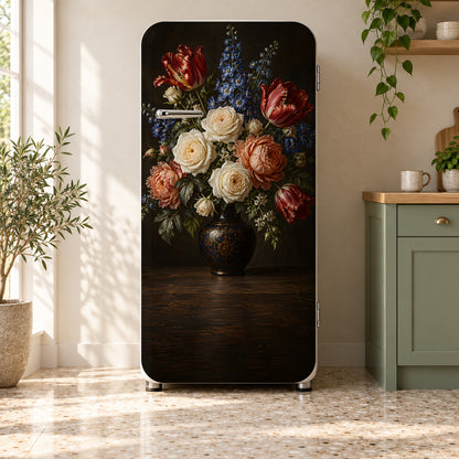 Dutch Floral Still Life fridge wrap on a retro refrigerator