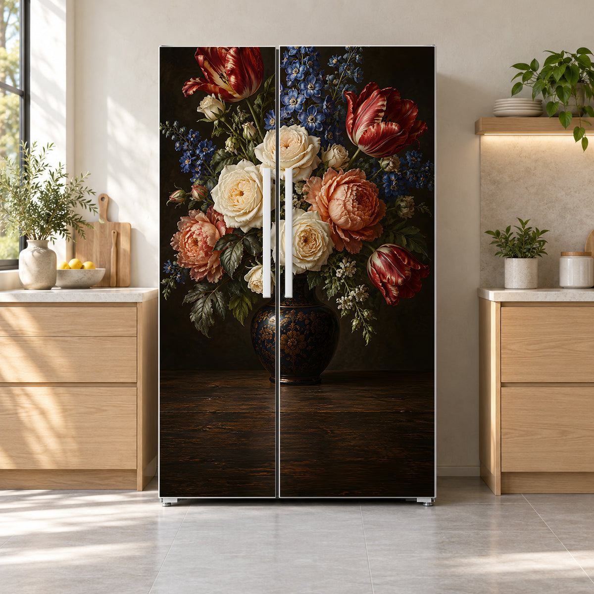 Dutch Floral Still Life fridge wrap on a side-by-side refrigerator