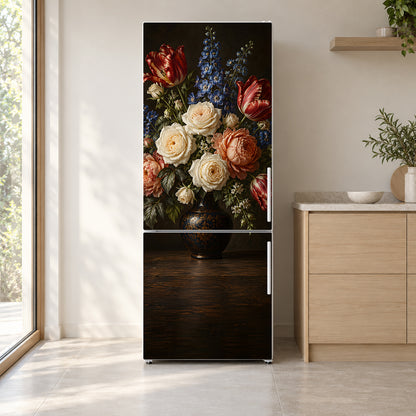Dutch Floral Still Life fridge wrap on a white refrigerator in a bright kitchen