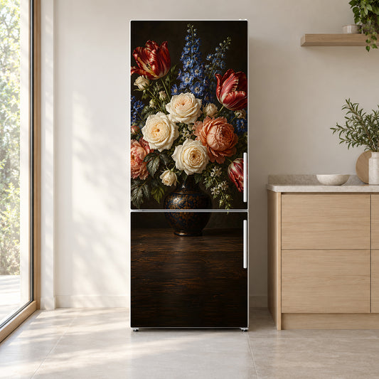 Dutch Floral Still Life fridge wrap on a white refrigerator in a bright kitchen