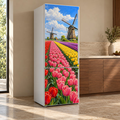 Dutch Windmills & Tulip Fields fridge wrap, refrigerator shown at an angle