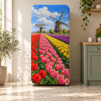 Dutch Windmills & Tulip Fields fridge wrap on a retro refrigerator