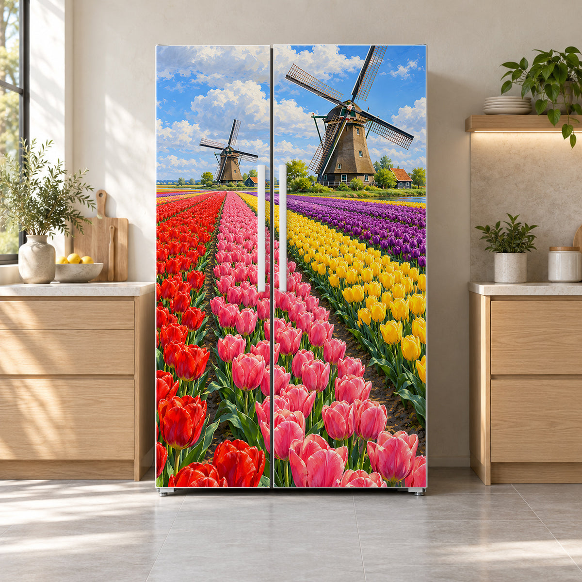 Dutch Windmills & Tulip Fields fridge wrap on a side-by-side refrigerator