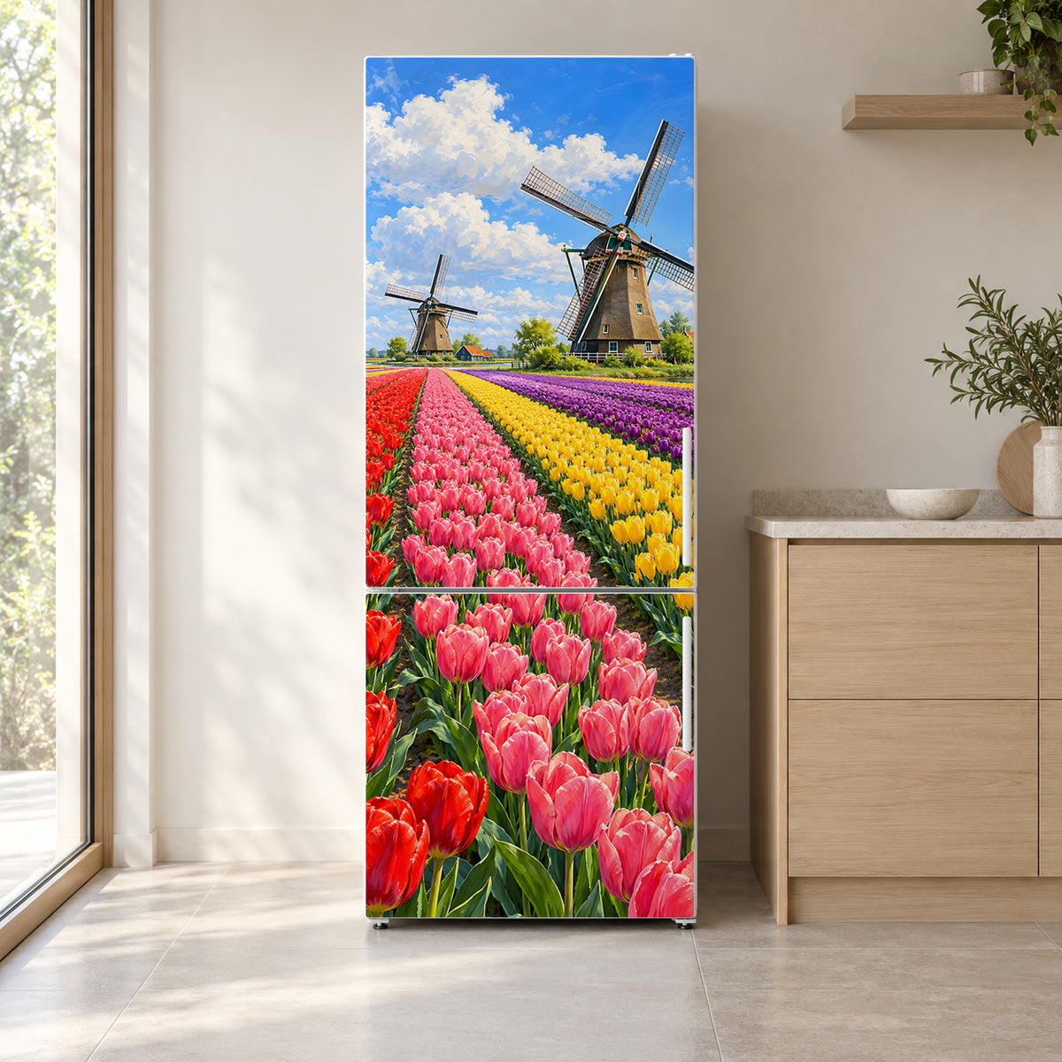 Dutch Windmills & Tulip Fields fridge wrap on a white refrigerator in a bright kitchen