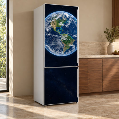 Earth from Space fridge wrap, refrigerator shown at an angle