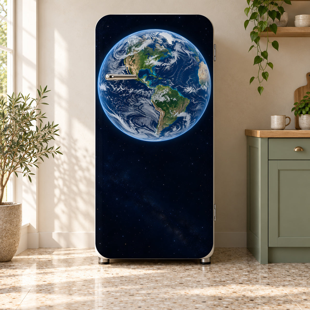 Earth from Space fridge wrap on a retro refrigerator