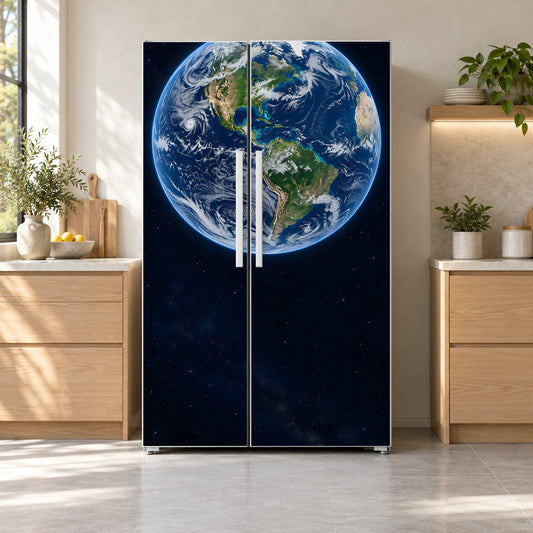 Earth from Space fridge wrap on a side-by-side refrigerator