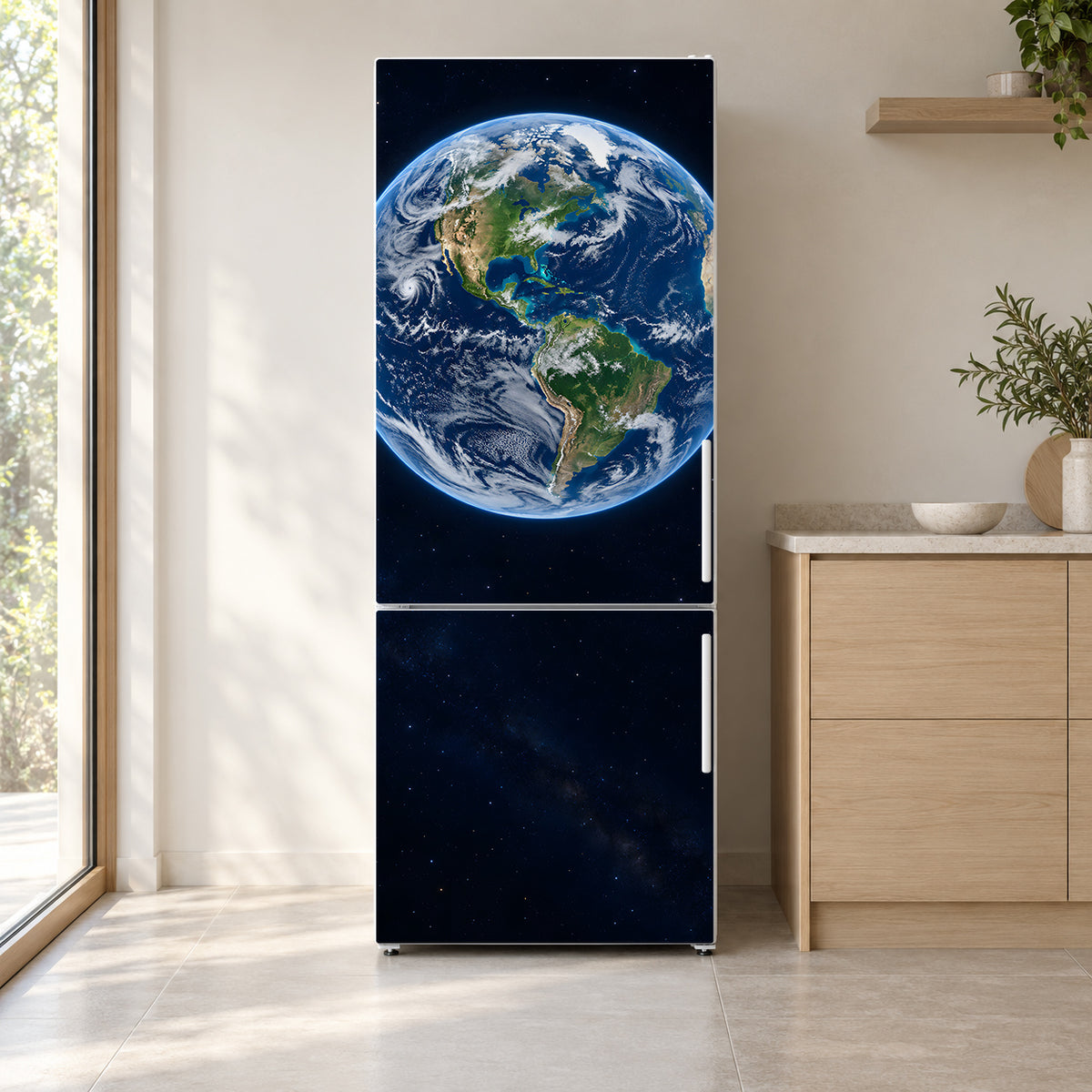 Earth from Space fridge wrap on a white refrigerator in a bright kitchen