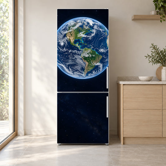 Earth from Space fridge wrap on a white refrigerator in a bright kitchen