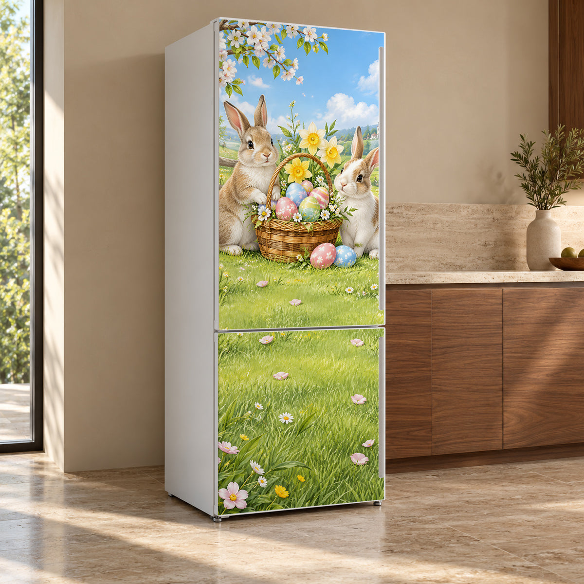 Easter Bunnies fridge wrap, refrigerator shown at an angle