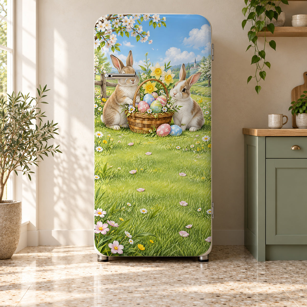Easter Bunnies fridge wrap on a retro refrigerator