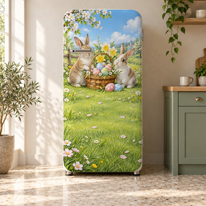 Easter Bunnies fridge wrap on a retro refrigerator