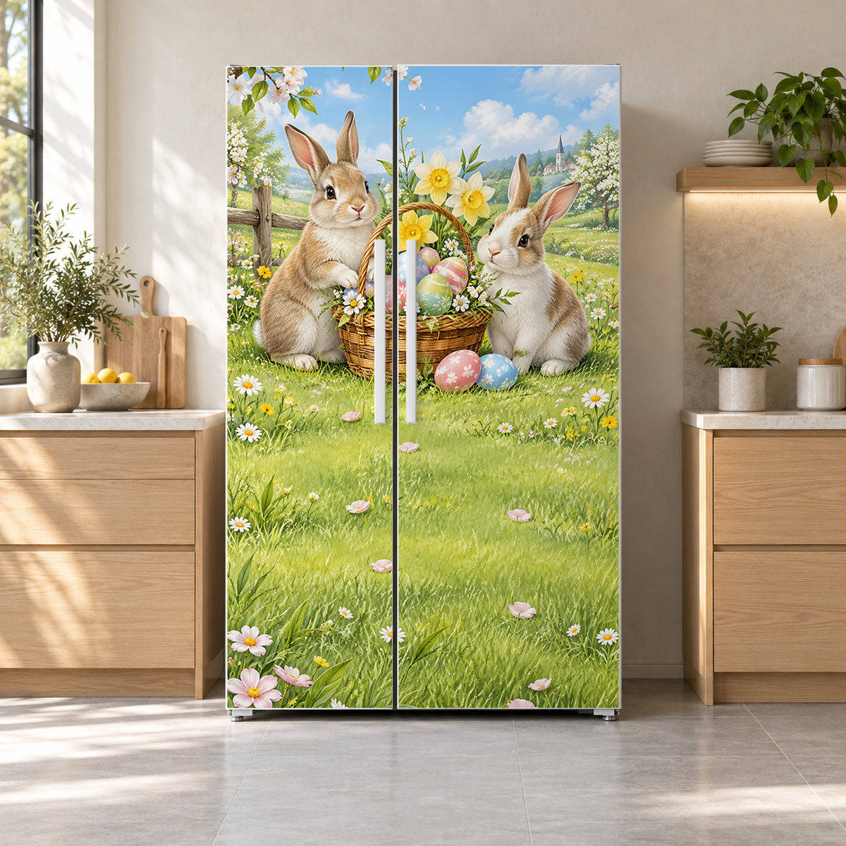 Easter Bunnies fridge wrap on a side-by-side refrigerator