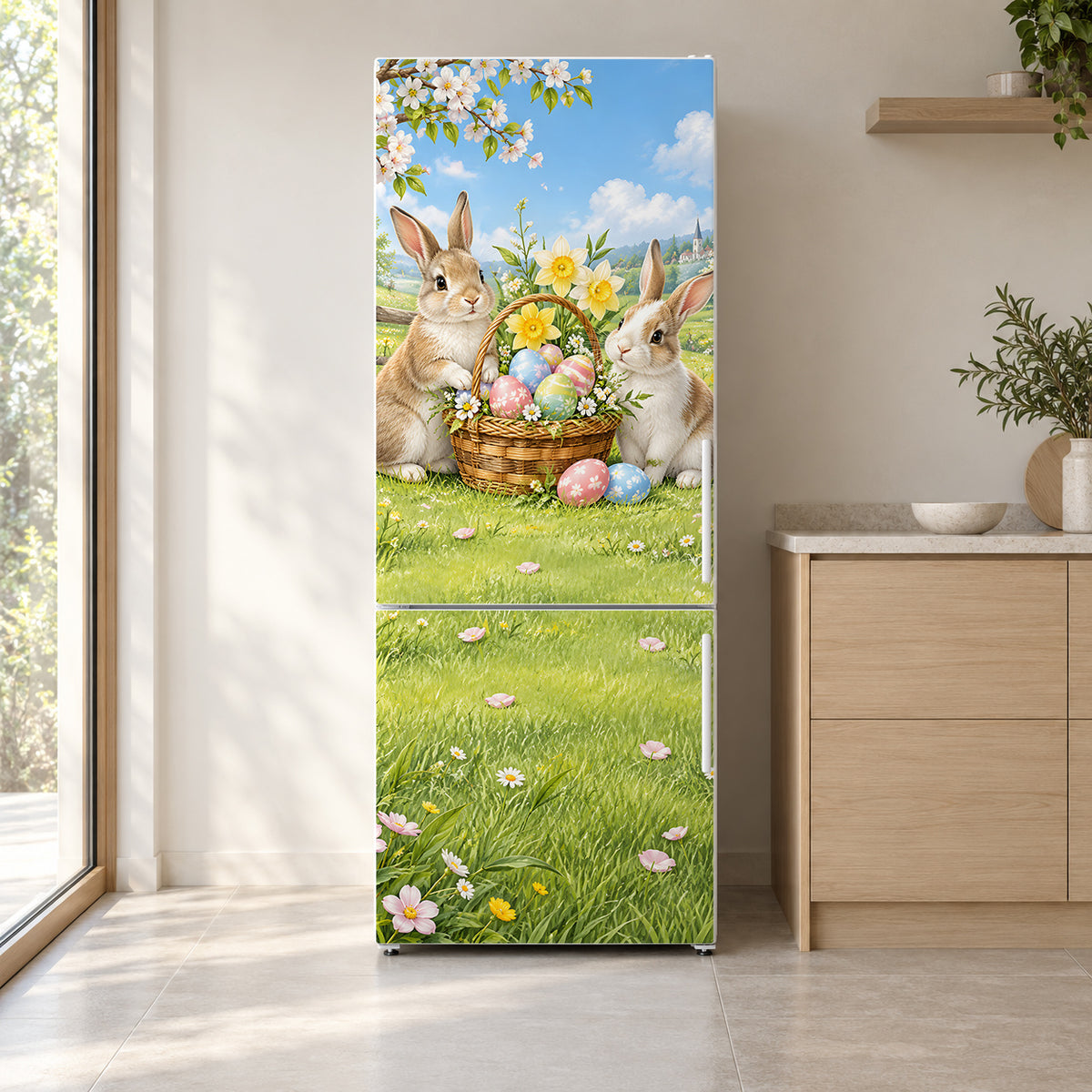 Easter Bunnies fridge wrap on a white refrigerator in a bright kitchen