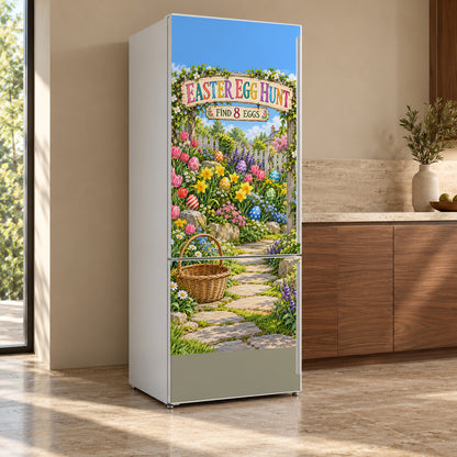 Easter Egg Hunt Garden fridge wrap, refrigerator shown at an angle