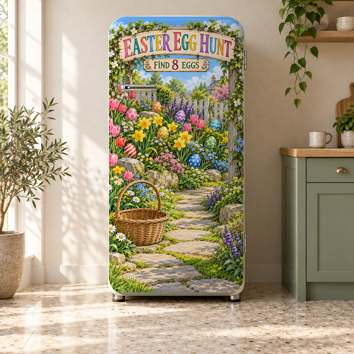 Easter Egg Hunt Garden fridge wrap on a retro refrigerator