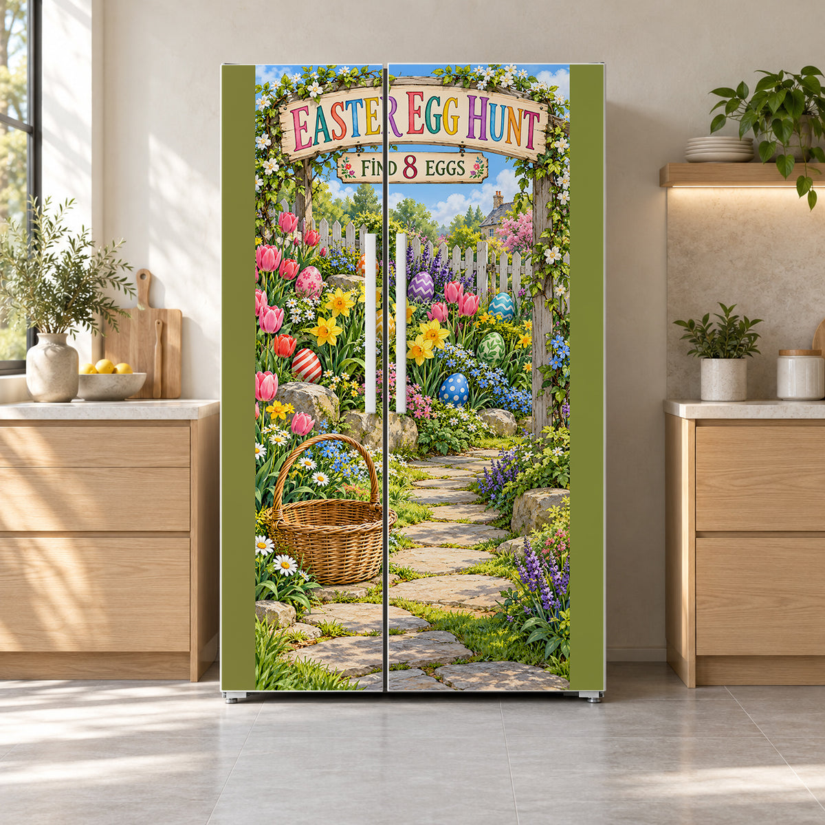 Easter Egg Hunt Garden fridge wrap on a side-by-side refrigerator
