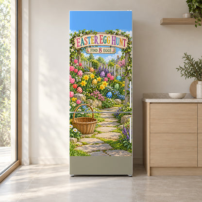 Easter Egg Hunt Garden fridge wrap on a white refrigerator in a bright kitchen
