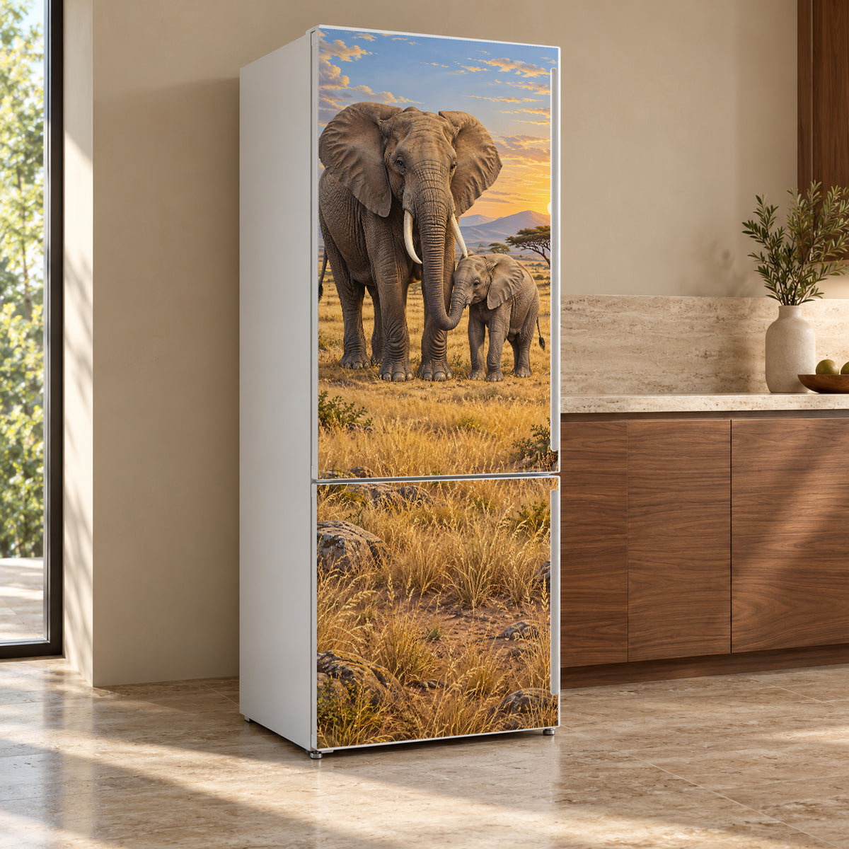 Elephant Family fridge wrap, refrigerator shown at an angle
