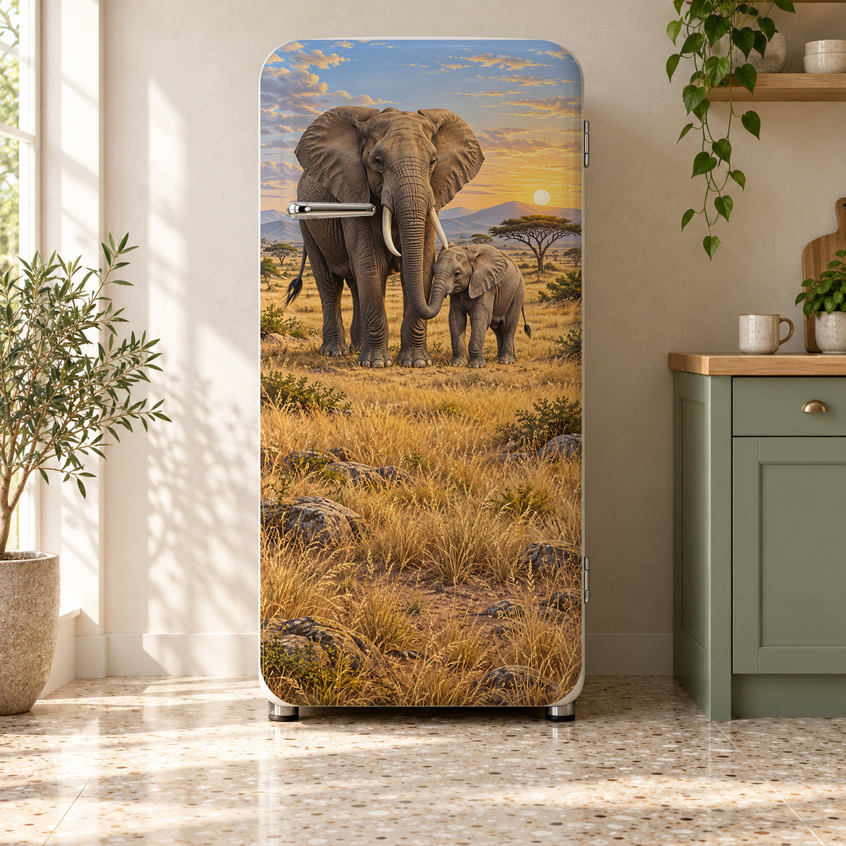 Elephant Family fridge wrap on a retro refrigerator