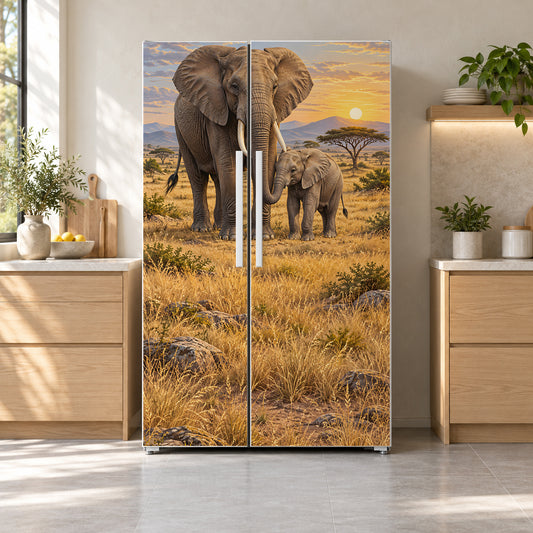 Elephant Family fridge wrap on a side-by-side refrigerator