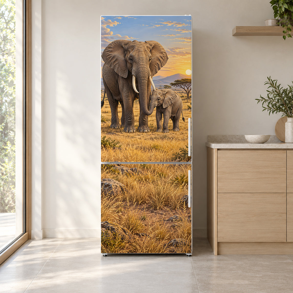 Elephant Family fridge wrap on a white refrigerator in a bright kitchen