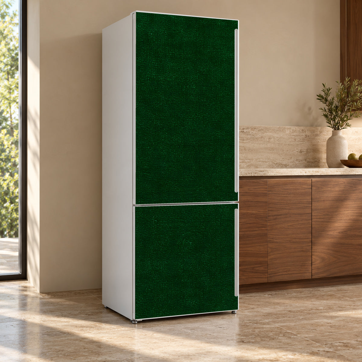 Emerald Velvet fridge wrap, refrigerator shown at an angle