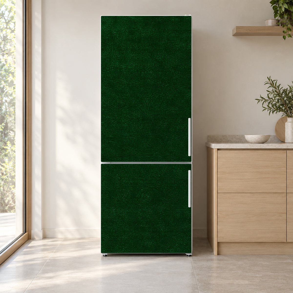 Emerald Velvet fridge wrap on a white refrigerator in a bright kitchen