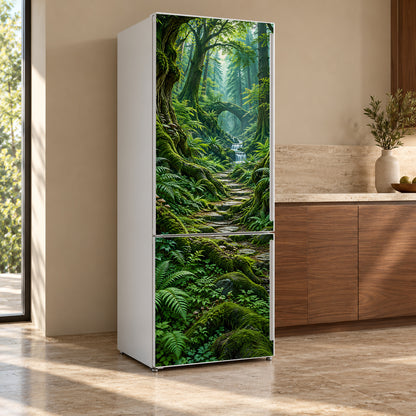 Enchanted Moss Forest fridge wrap, refrigerator shown at an angle