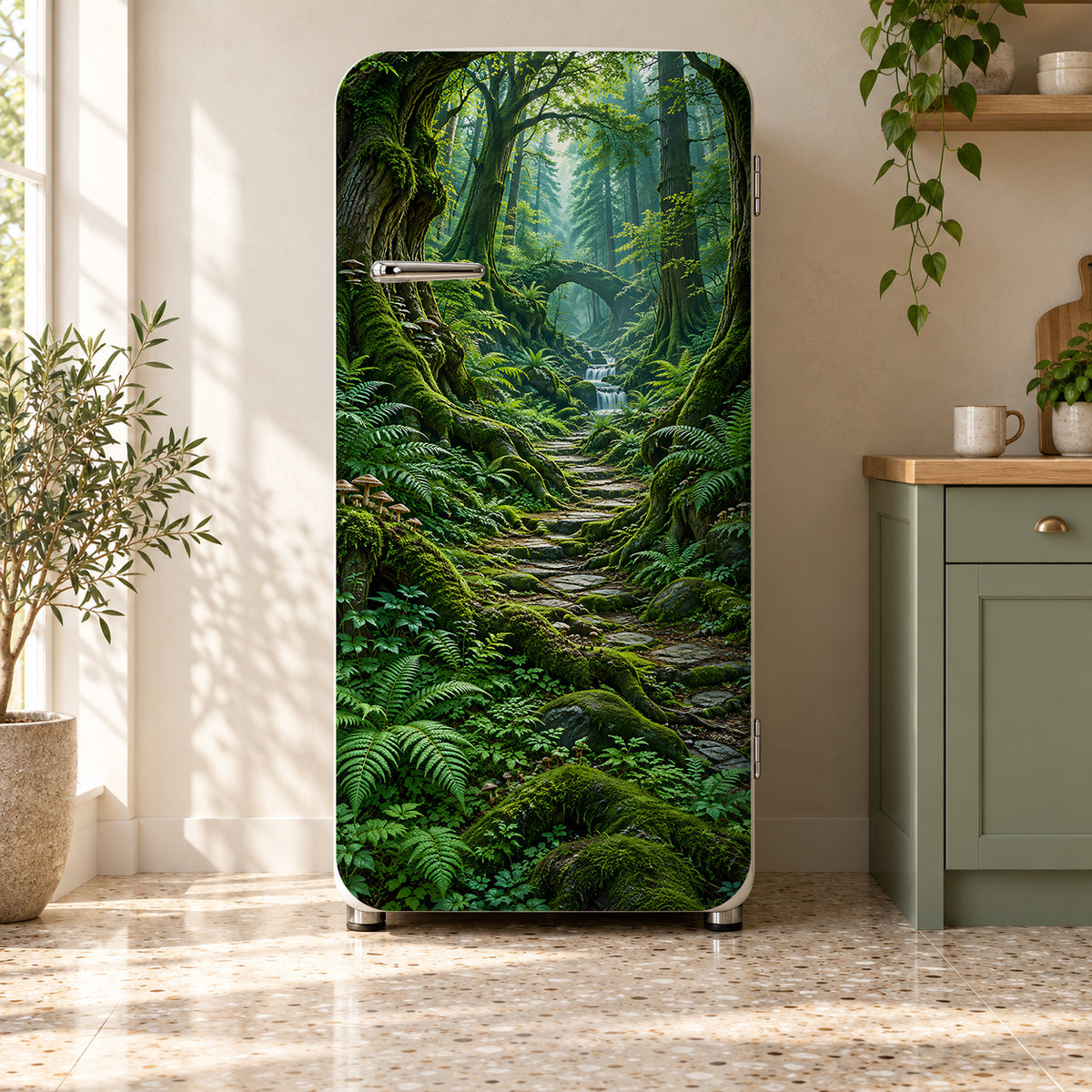 Enchanted Moss Forest fridge wrap on a retro refrigerator