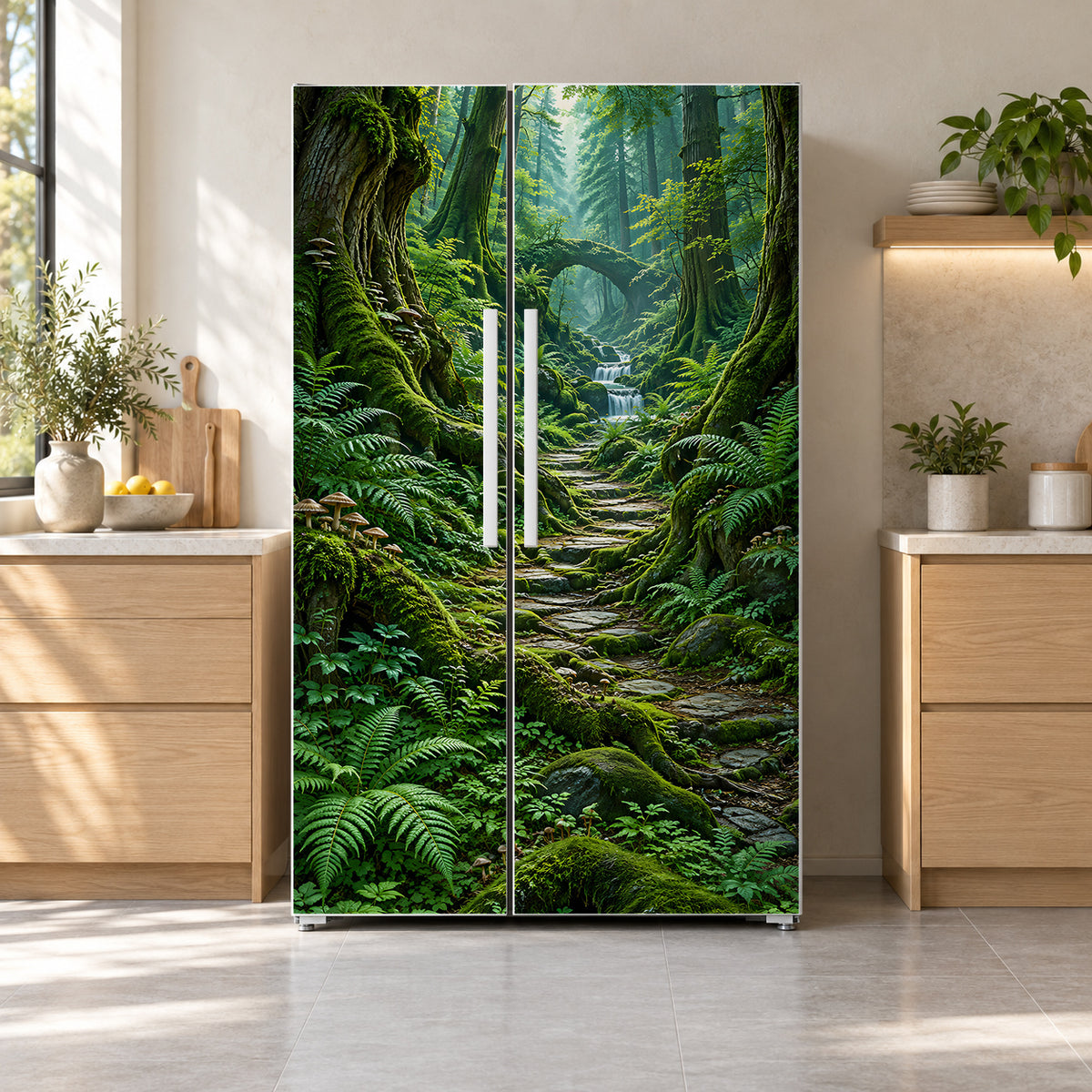 Enchanted Moss Forest fridge wrap on a side-by-side refrigerator