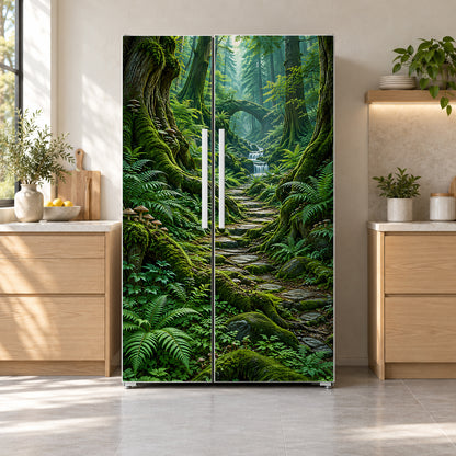 Enchanted Moss Forest fridge wrap on a side-by-side refrigerator