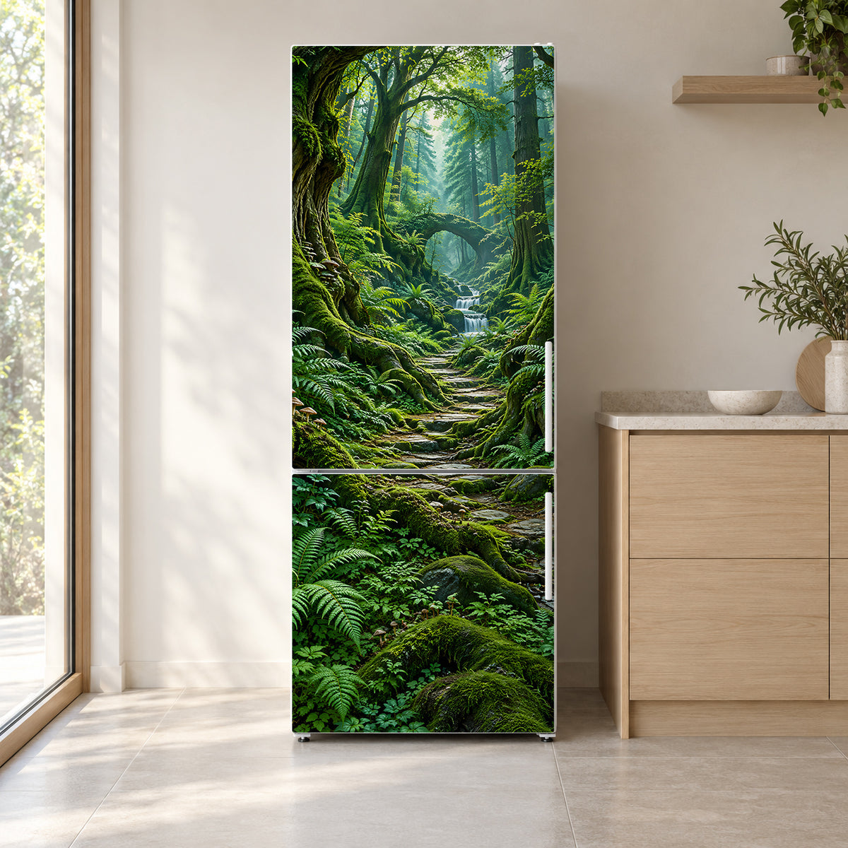 Enchanted Moss Forest fridge wrap on a white refrigerator in a bright kitchen