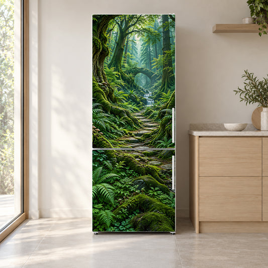 Enchanted Moss Forest fridge wrap on a white refrigerator in a bright kitchen