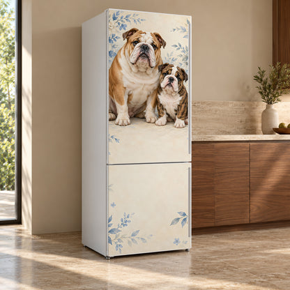 English Bulldogs fridge wrap, refrigerator shown at an angle