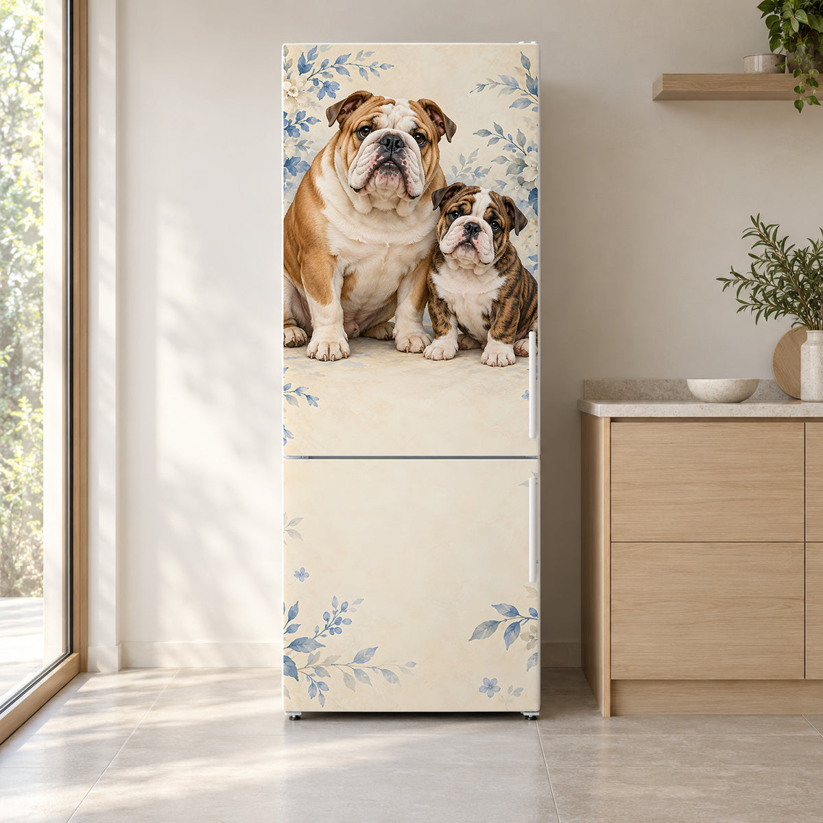 English Bulldogs fridge wrap on a white refrigerator in a bright kitchen