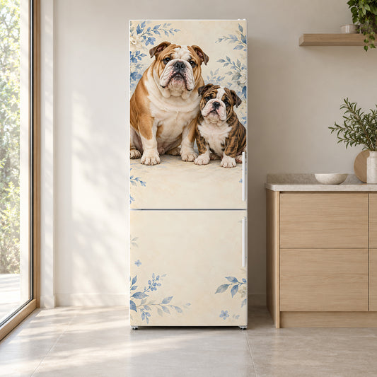 English Bulldogs fridge wrap on a white refrigerator in a bright kitchen