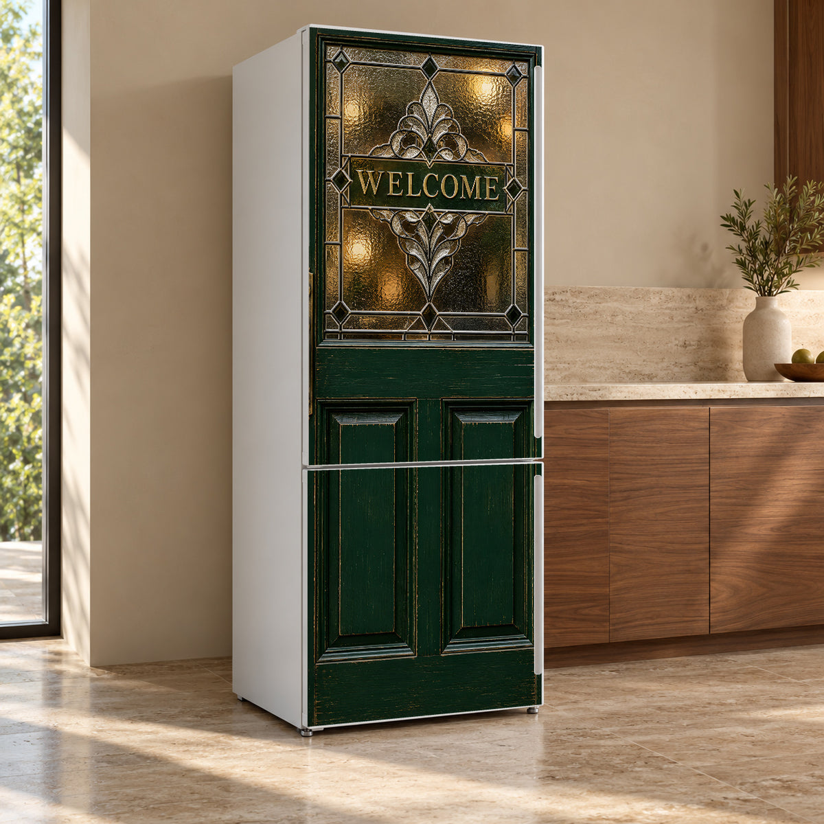 English Pub Door fridge wrap, refrigerator shown at an angle
