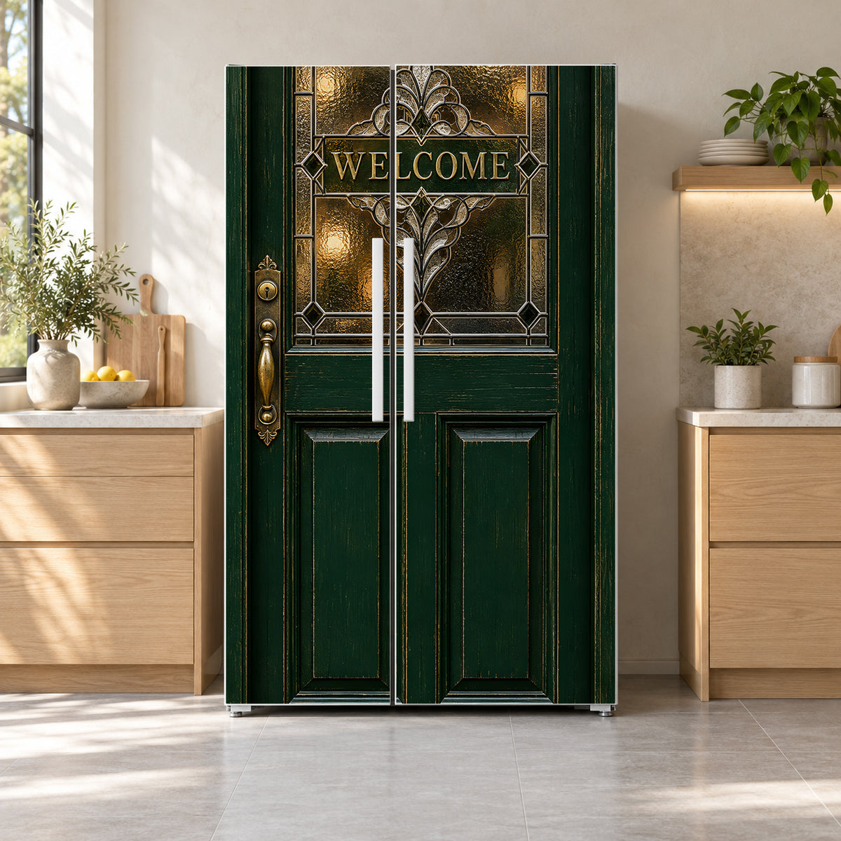 English Pub Door fridge wrap on a side-by-side refrigerator