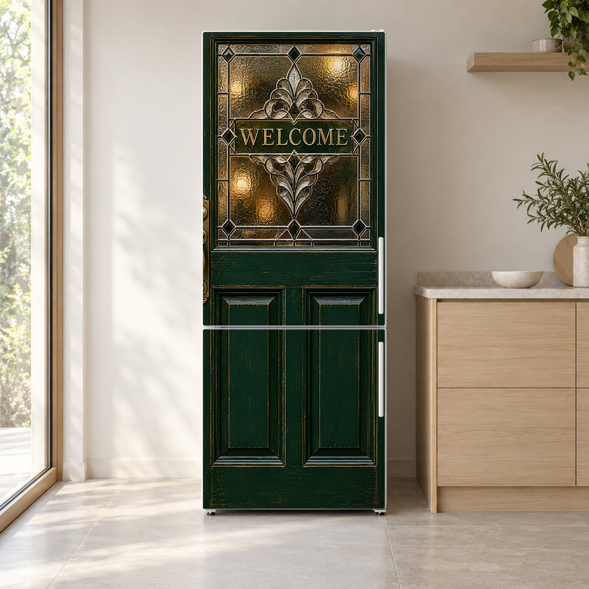 English Pub Door fridge wrap on a white refrigerator in a bright kitchen