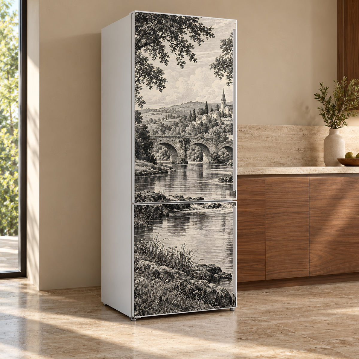 Engraving River Landscape fridge wrap, refrigerator shown at an angle